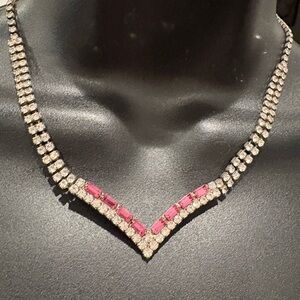 Vtg Princess Pink Bagget Rhinestone w Double Strand V Necklace Adjustable 16.5”